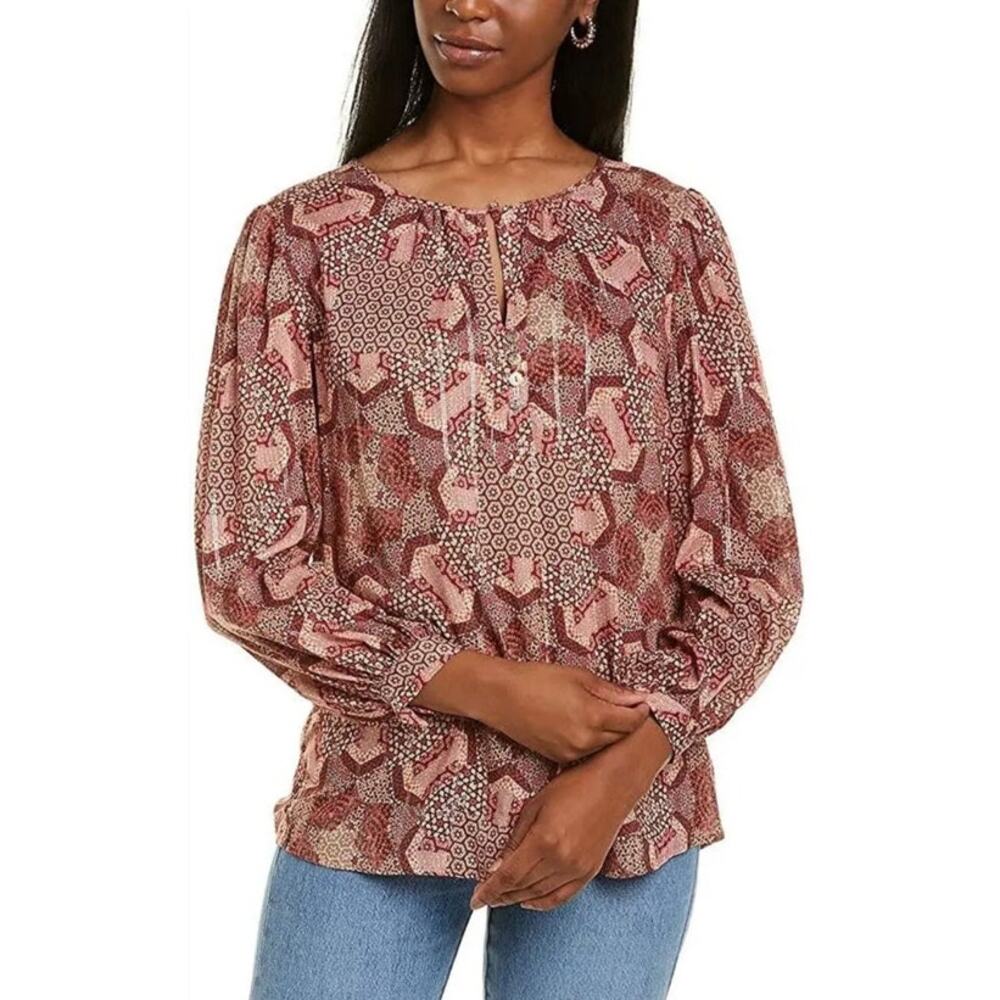Johnny‎ Was Miles Peasant Blouse Pink Red Silver Metallic Size S